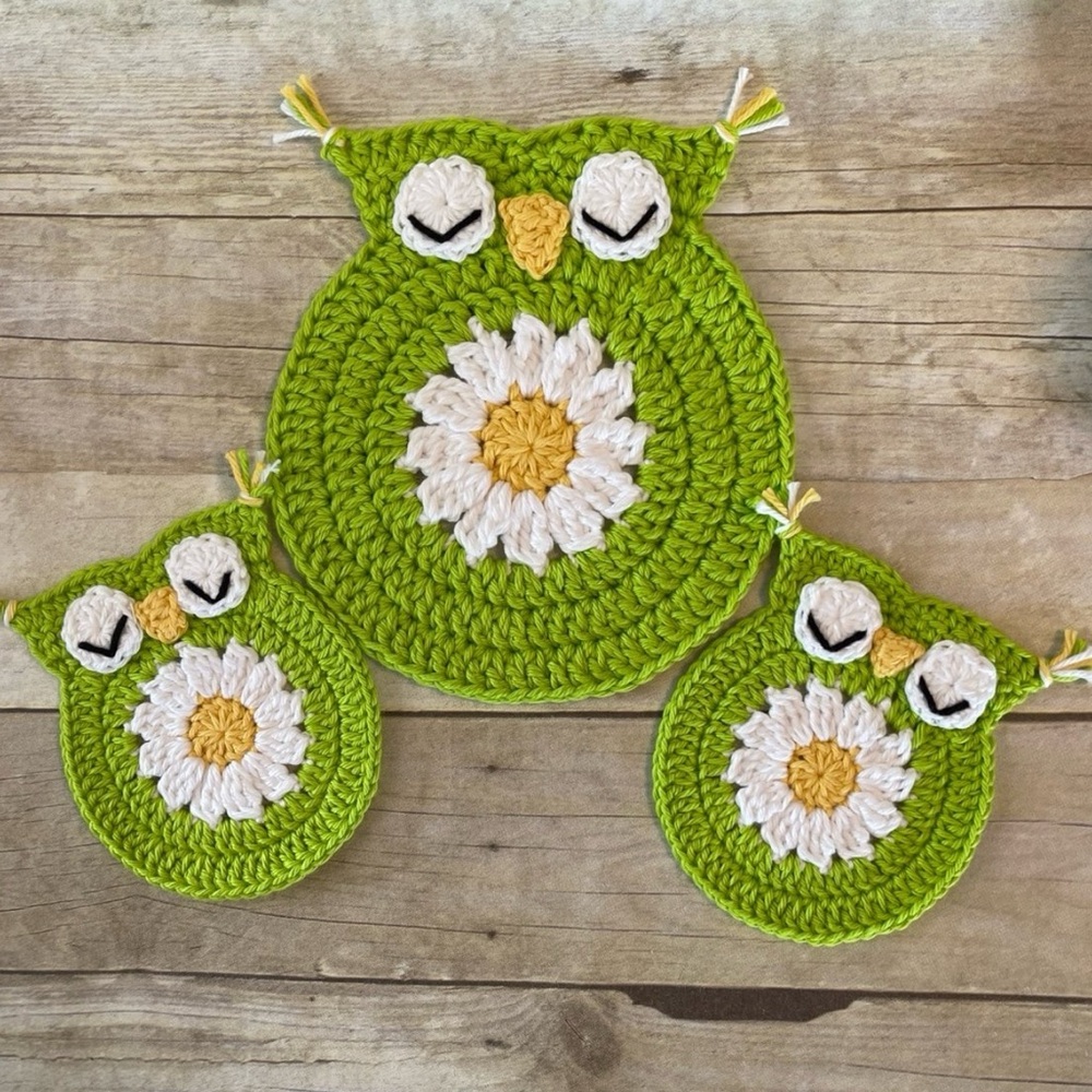 Hot Pad/Trivet & Two Coasters New Handmade Crochet Daisy Owl